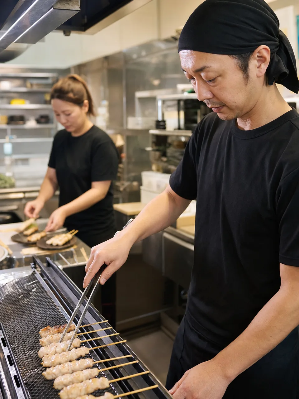 焼き鳥を仕上げる日本人料理人（自然な縦位置写真）。焼き鳥、料理人、飲食店、和食の記事向け素材です。