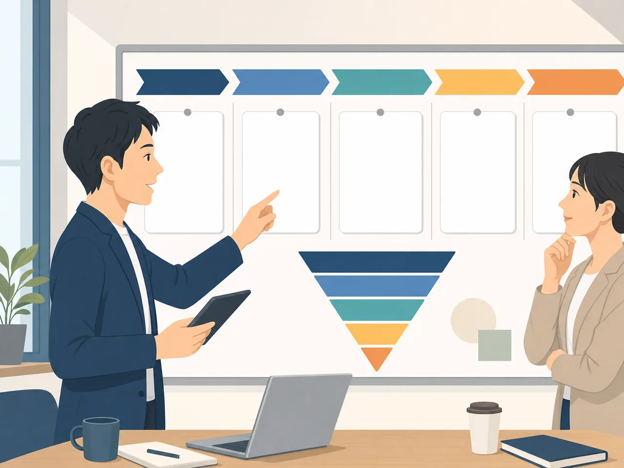 営業案件を確認する日本人チーム（フラットイラスト）。営業案件管理、営業パイプライン、営業会議、営業管理の記事や案内に使える商用素材です。
