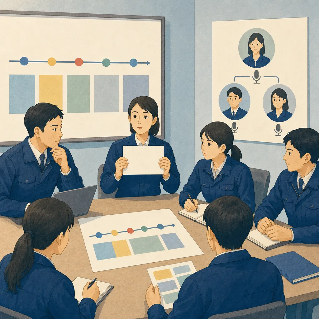 危機広報を訓練する日本人チーム（編集記事向け）。危機広報、広報訓練、緊急対応、情報発信の記事や案内に使える商用素材です。
