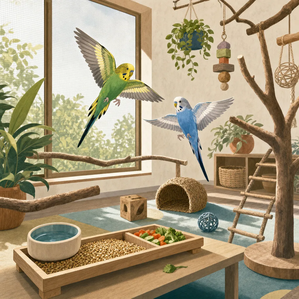 安全な室内で過ごすセキセイインコ（編集記事向け）。セキセイインコ、小鳥、ペット、放鳥の記事や案内に使える商用素材です。