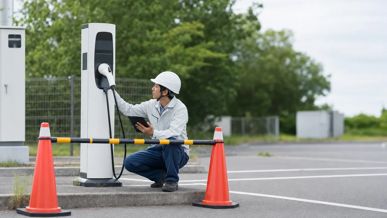 EV充電設備を点検する日本人技術者（横長・コピースペース）。EV充電設備、電気自動車、充電スタンド、設備点検の記事や案内に使える商用素材です。