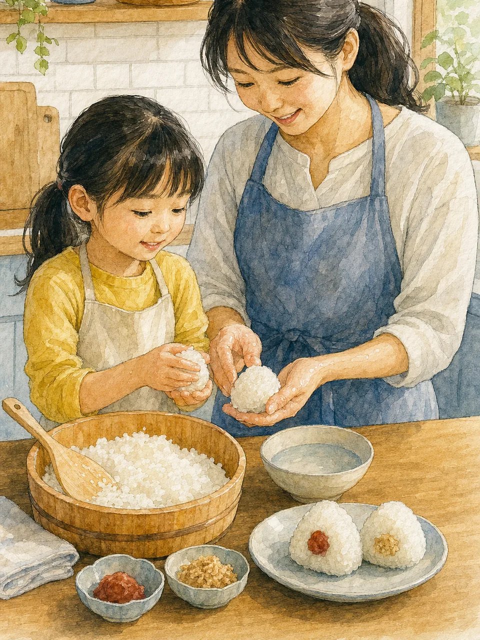 おにぎりを作る日本人親子（手描き水彩）。おにぎり、家庭料理、お弁当、親子の記事向け素材です。
