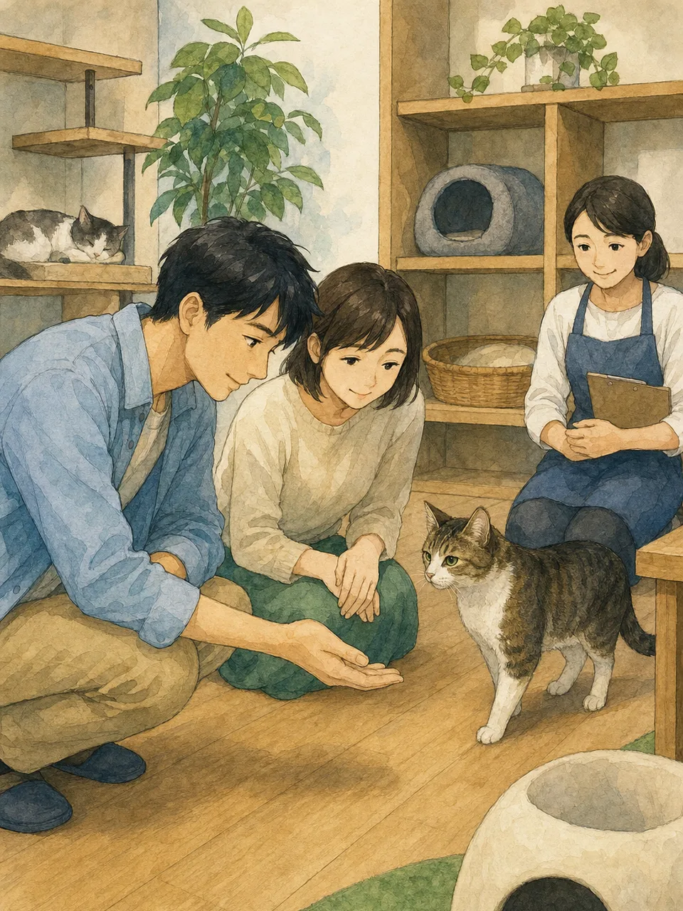 保護猫と出会う日本人（手描き水彩）。保護猫、里親、猫の譲渡、動物福祉の記事向け素材です。