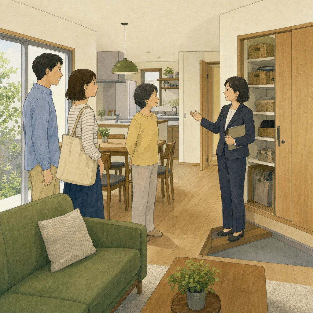 平屋を見学する日本人（編集記事向け）。平屋、戸建て、バリアフリー、住宅見学の記事向け素材です。