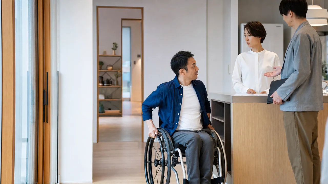 バリアフリー住宅で暮らす日本人（横長・コピースペース）。バリアフリー住宅、車いす、住環境、共生の記事向け素材です。