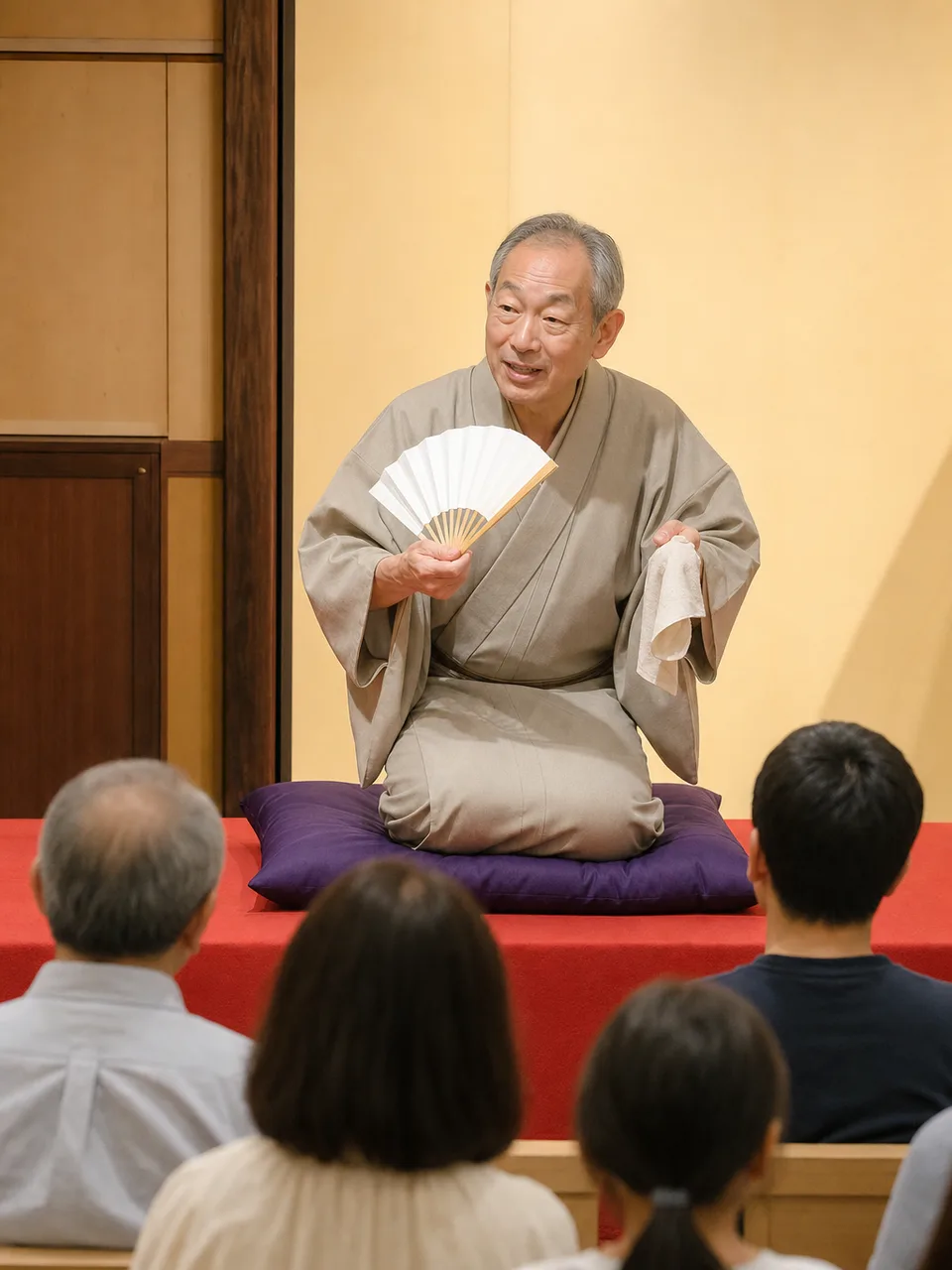 落語を楽しむ日本人観客（自然な縦位置写真）。落語、寄席、伝統芸能、日本文化の記事や案内に使える商用素材です。