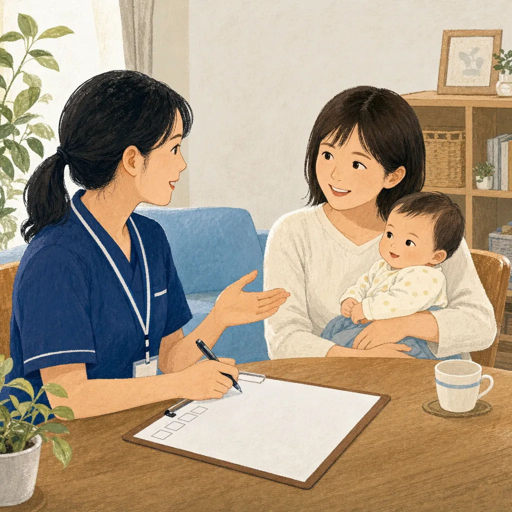 家庭訪問で相談を受ける日本人保健師（編集記事向け）。保健師、家庭訪問、健康相談、地域保健の記事向け素材です。