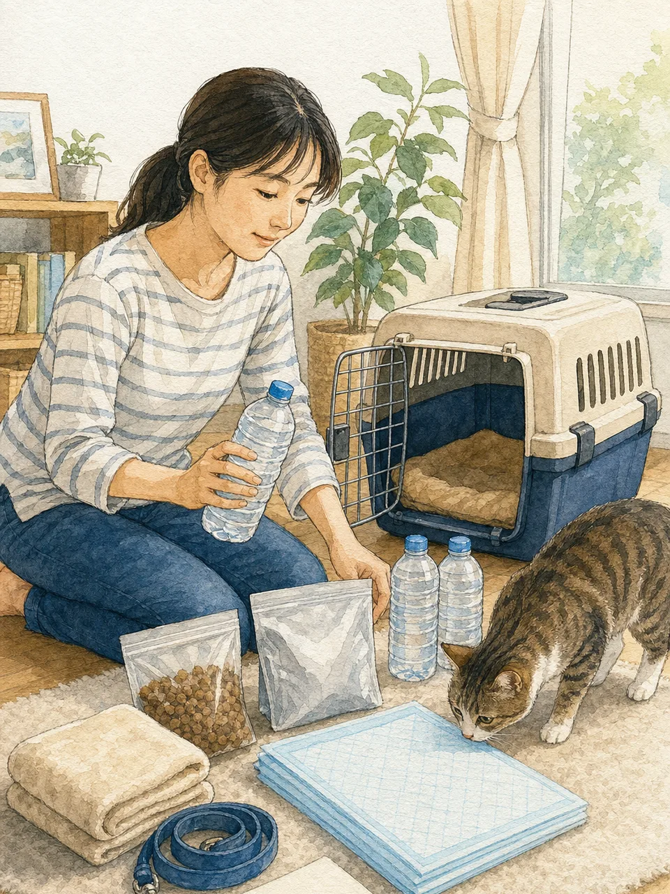 ペット防災を準備する日本人（手描き水彩）。ペット防災、避難準備、犬猫、防災の記事向け素材です。