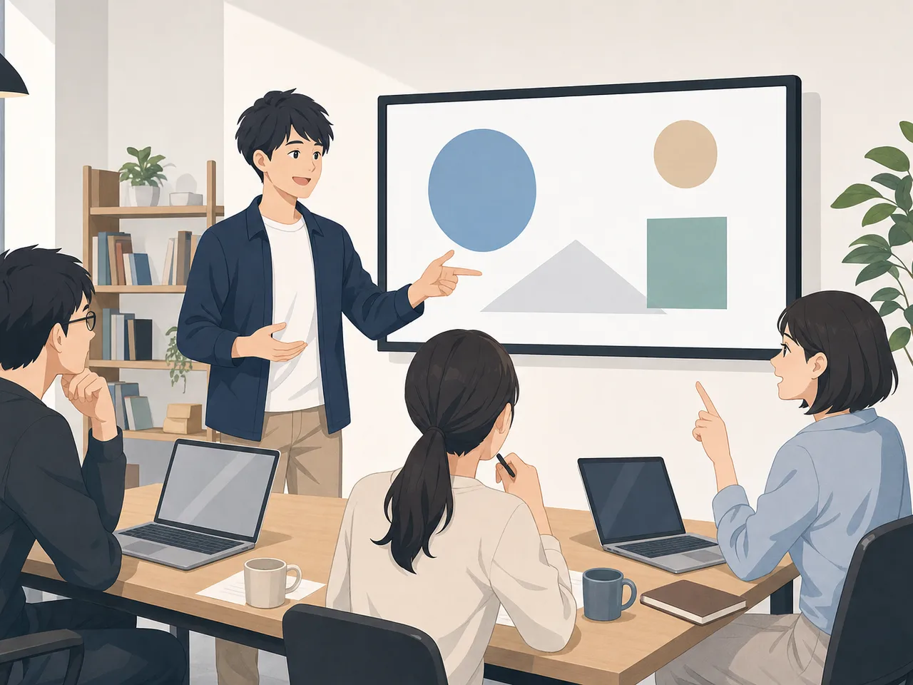 事業提案を練習する日本人スタートアップ（フラットイラスト）。ピッチ練習、事業提案、スタートアップ、起業の記事や案内に使える商用素材です。
