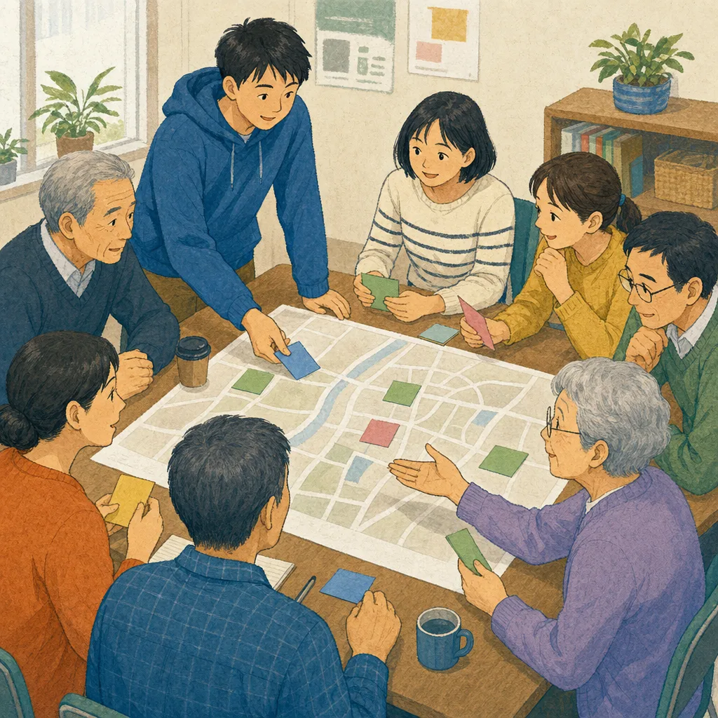町内会で話し合う日本人住民（編集記事向け）。町内会、自治会、地域コミュニティ、住民活動の記事向け素材です。
