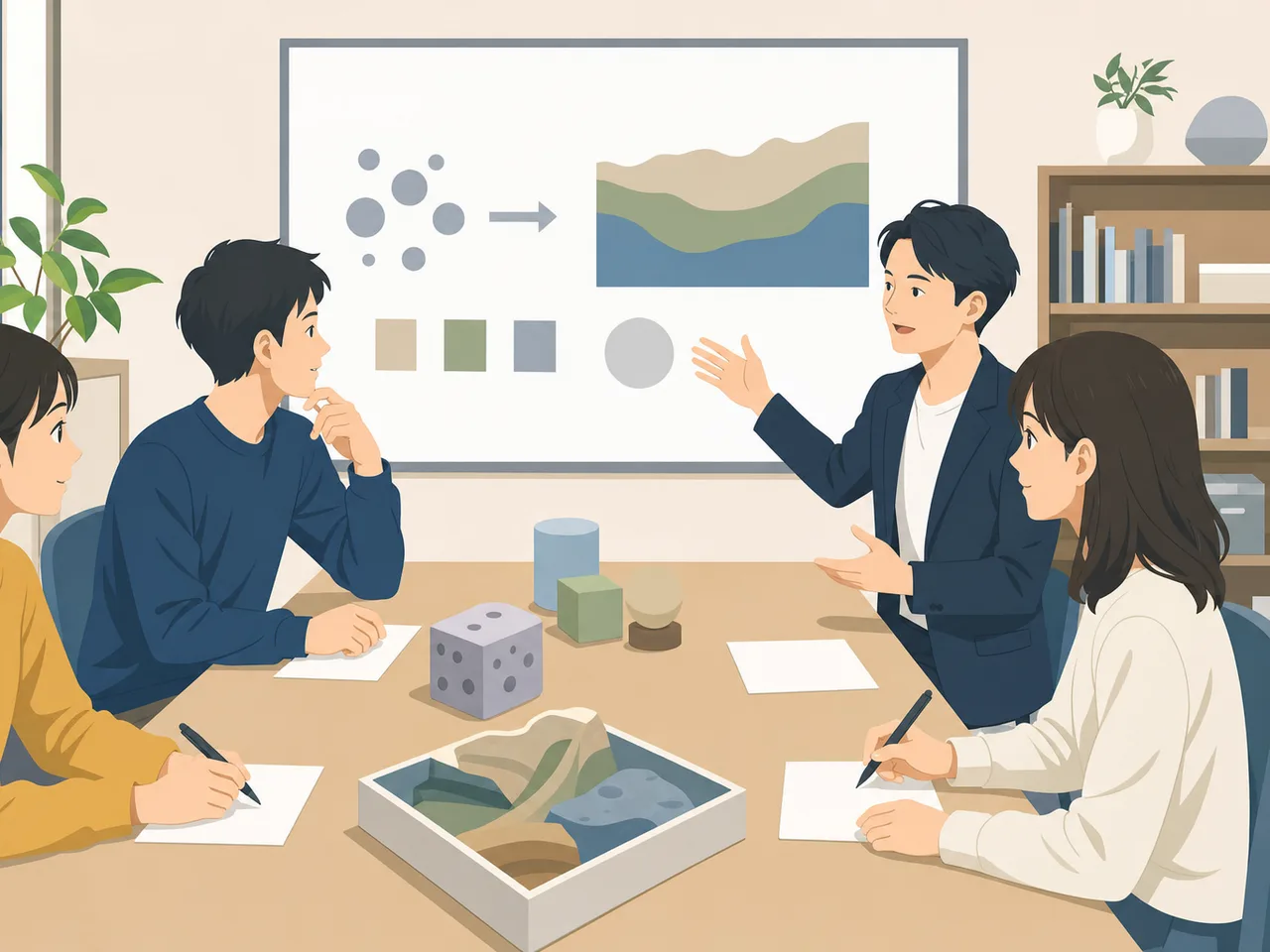 研究を議論する日本人大学生（フラットイラスト）。大学ゼミ、研究室、大学生、研究発表の記事や案内に使える商用素材です。