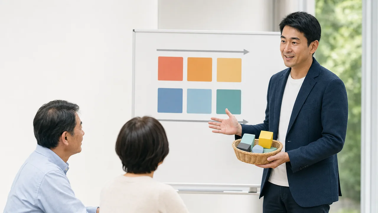 資産運用を学ぶ日本人初心者（横長・コピースペース）。投資初心者講座、金融教育、資産運用、分散投資の記事や案内に使える商用素材です。