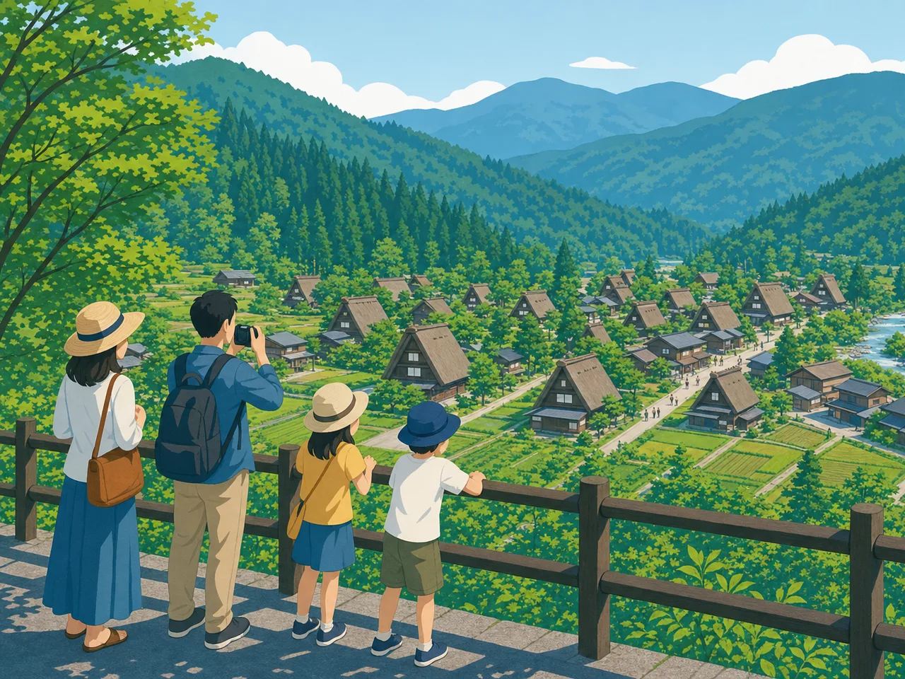 岐阜の山里を訪れる旅行者（フラットイラスト）。岐阜旅行、山里、合掌造り、中部旅行の記事や案内に使える商用素材です。