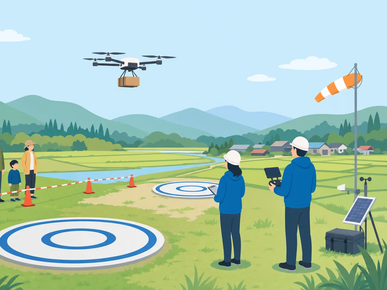 ドローン配送を実証する日本人チーム（フラットイラスト）。ドローン配送、物流、実証実験、地域配送の記事向け素材です。