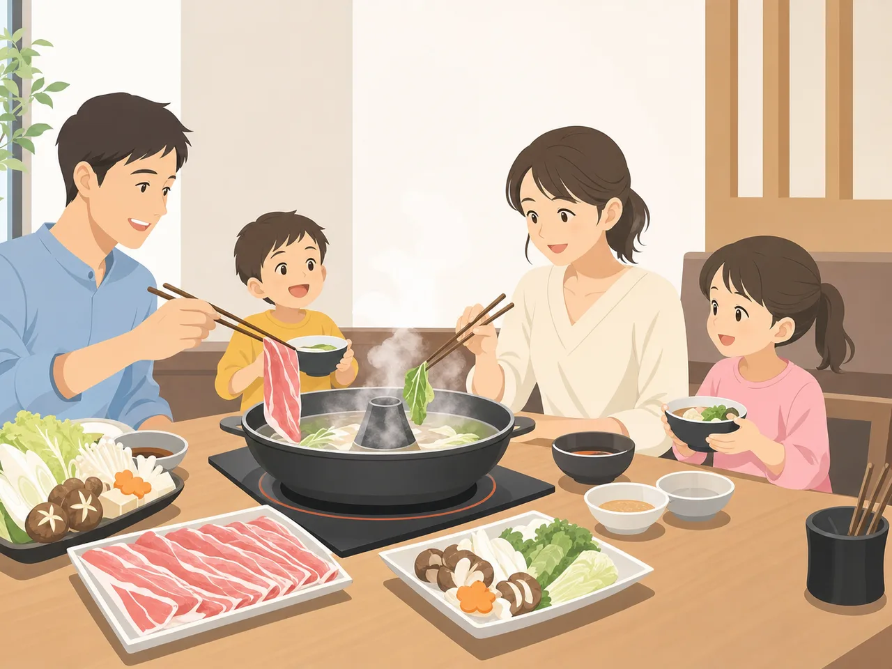 しゃぶしゃぶを囲む日本人家族（フラットイラスト）。しゃぶしゃぶ、鍋料理、家族、外食の記事向け素材です。