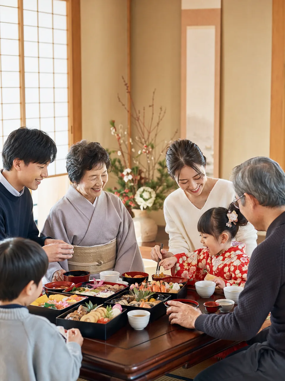 三世代家族で迎えるお正月（自然な縦位置写真）。新年の挨拶や家族向け企画に使える、日本の三世代家族のお正月素材です。
