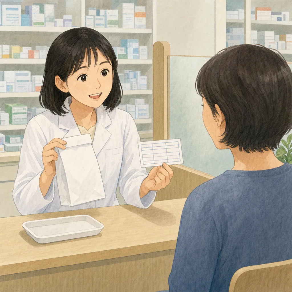 調剤薬局で説明する日本人薬剤師（編集記事向け）。調剤薬局、薬剤師、服薬説明、地域医療の記事向け素材です。