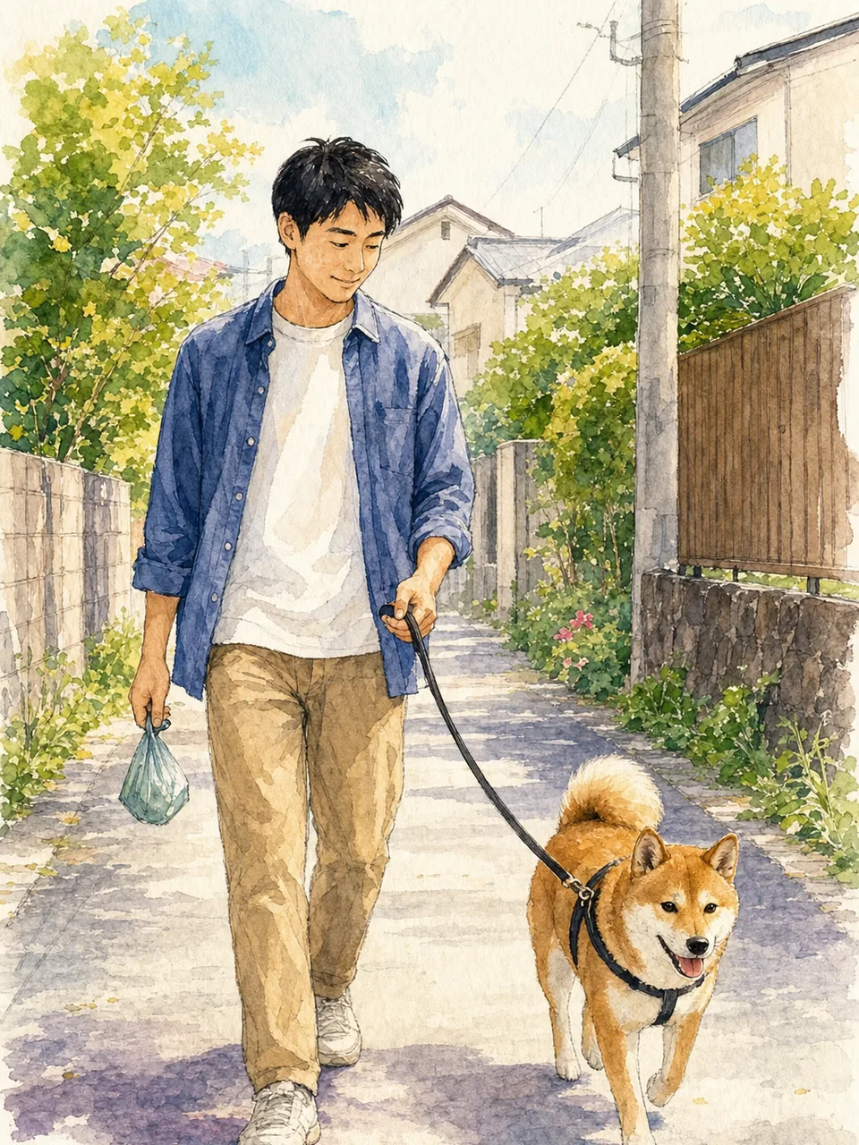 柴犬と散歩する日本人（手描き水彩）。柴犬、犬の散歩、ペットとの暮らし、日常の記事向け素材です。