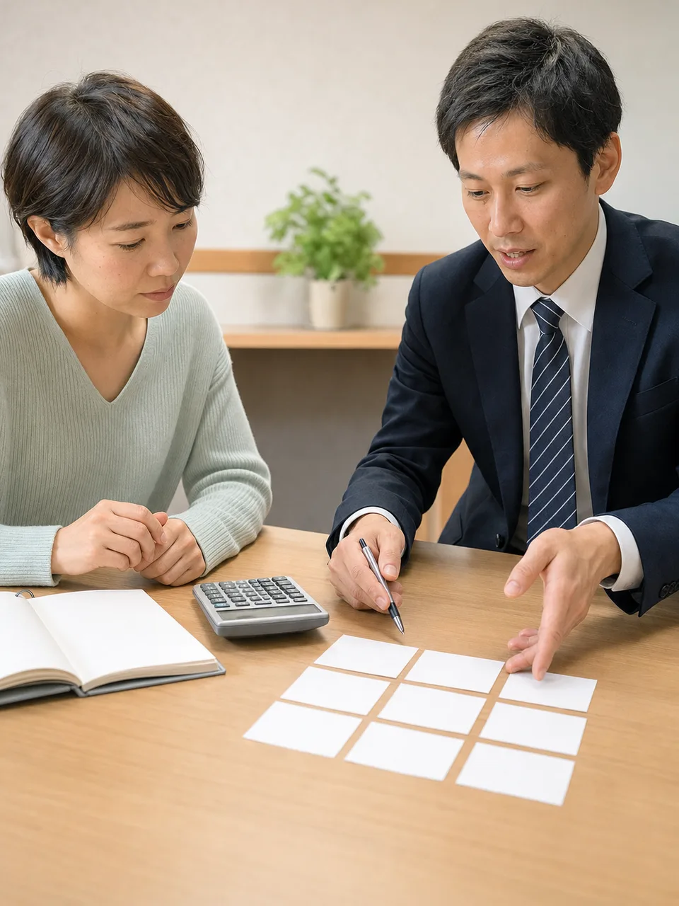 確定申告を相談する日本人（自然な縦位置写真）。確定申告の準備、個人の税務相談、確定申告、税理士の記事や案内に使える商用素材です。