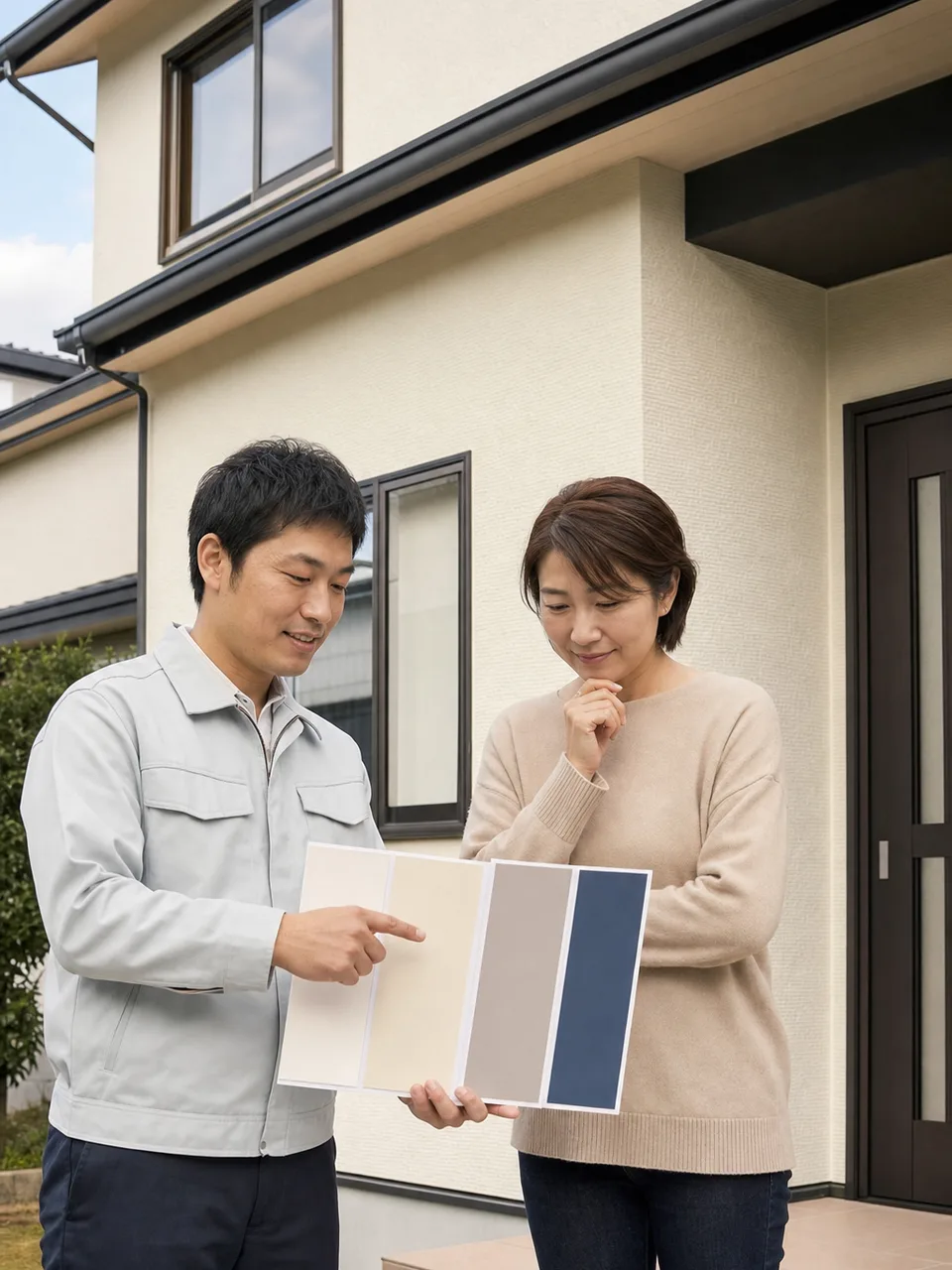 外壁塗装を相談する日本人（自然な縦位置写真）。外壁塗装、住宅塗装、リフォーム、外壁メンテナンスの記事や案内に使える商用素材です。