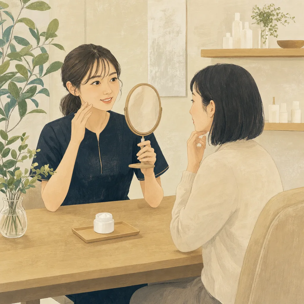 肌の相談を受ける日本人エステティシャン（編集記事向け）。エステティシャン、エステサロン、美容相談の記事向け素材です。