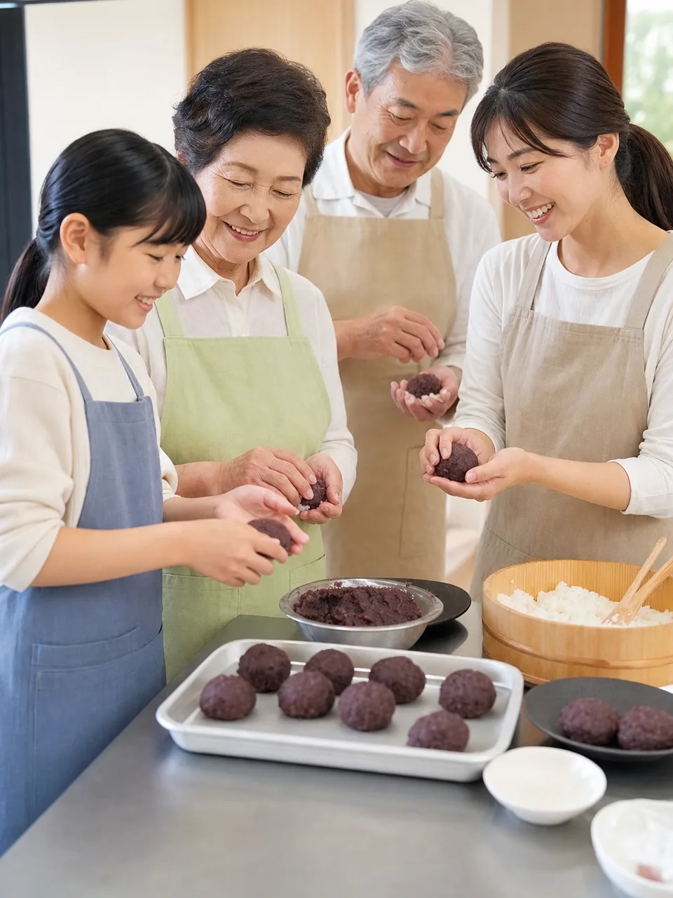 秋のお彼岸におはぎを作る日本人家族（自然な縦位置写真）。秋のお彼岸、おはぎ、家族料理、伝統行事の記事や案内に使える商用素材です。