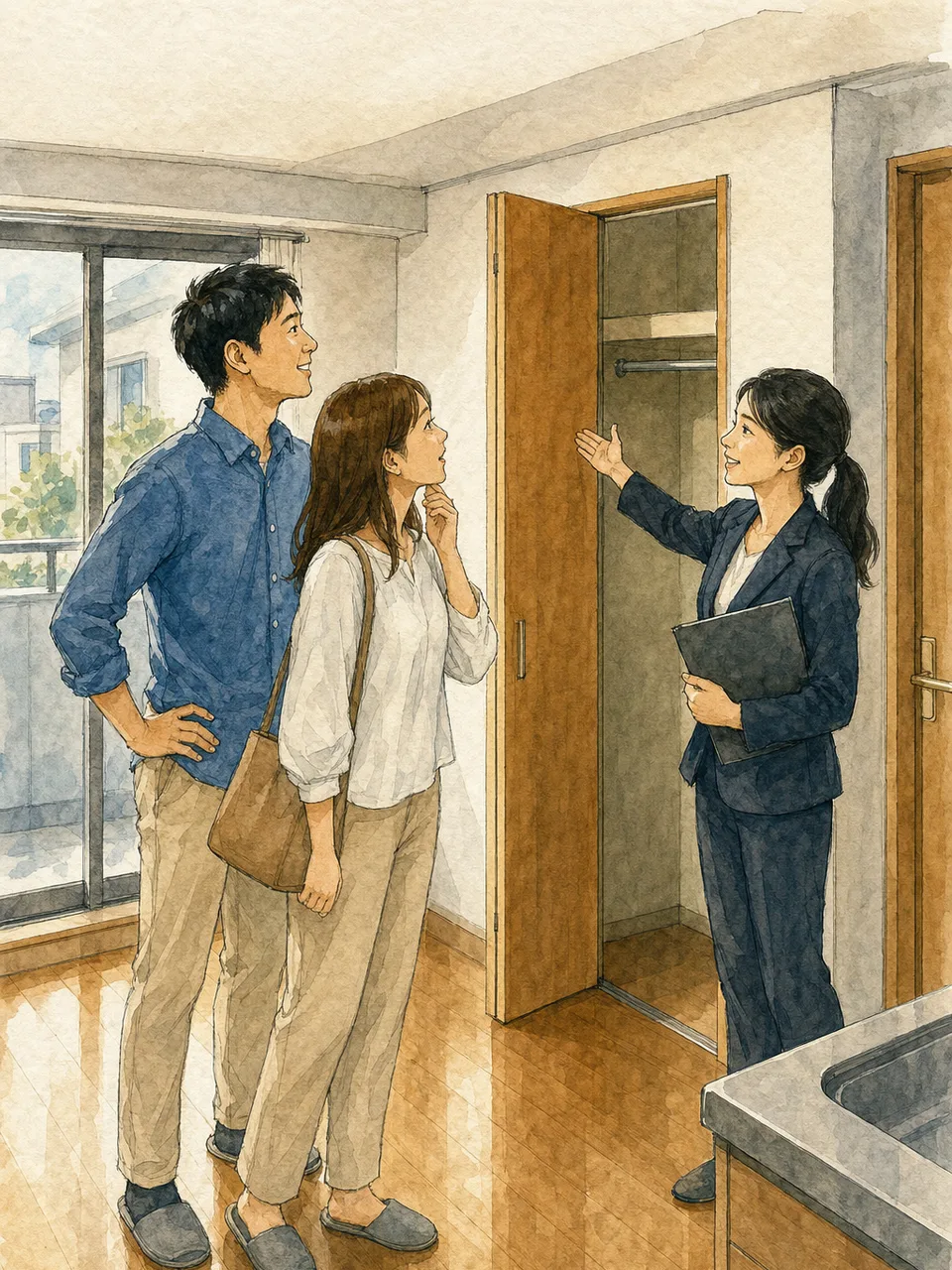 賃貸住宅を内見する日本人カップル（手描き水彩）。不動産、賃貸、引越し、住まい探しのサービス紹介に適した素材です。