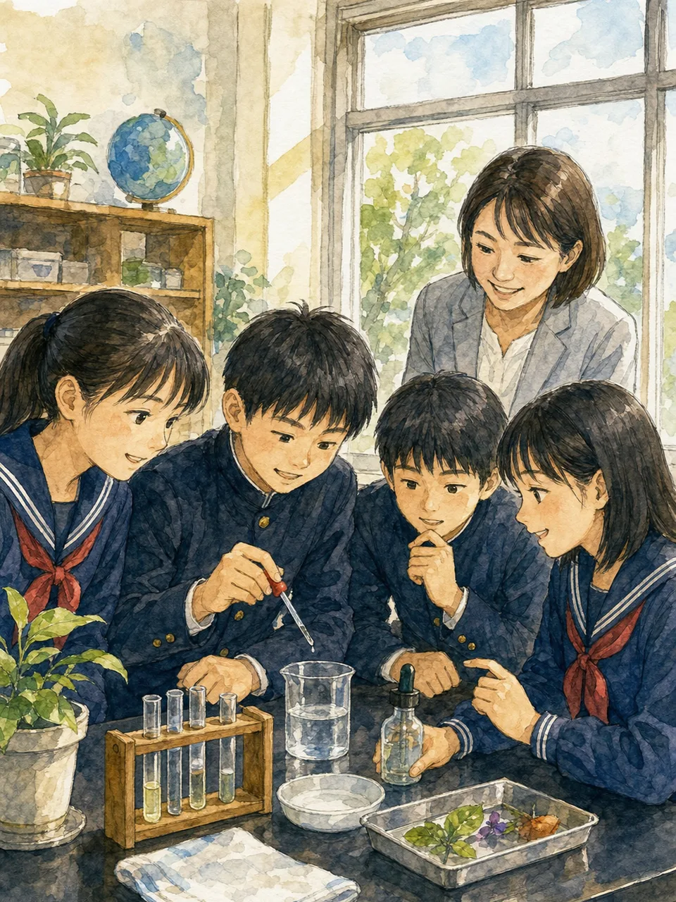 教室で学ぶ日本の中学生（手描き水彩）。中学校、教育、探究学習、学校案内に使える自然な学習場面です。