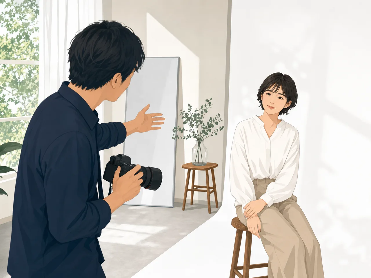 撮影する日本人写真家（フラットイラスト）。写真家、カメラマン、撮影、クリエイティブ職の記事向け素材です。