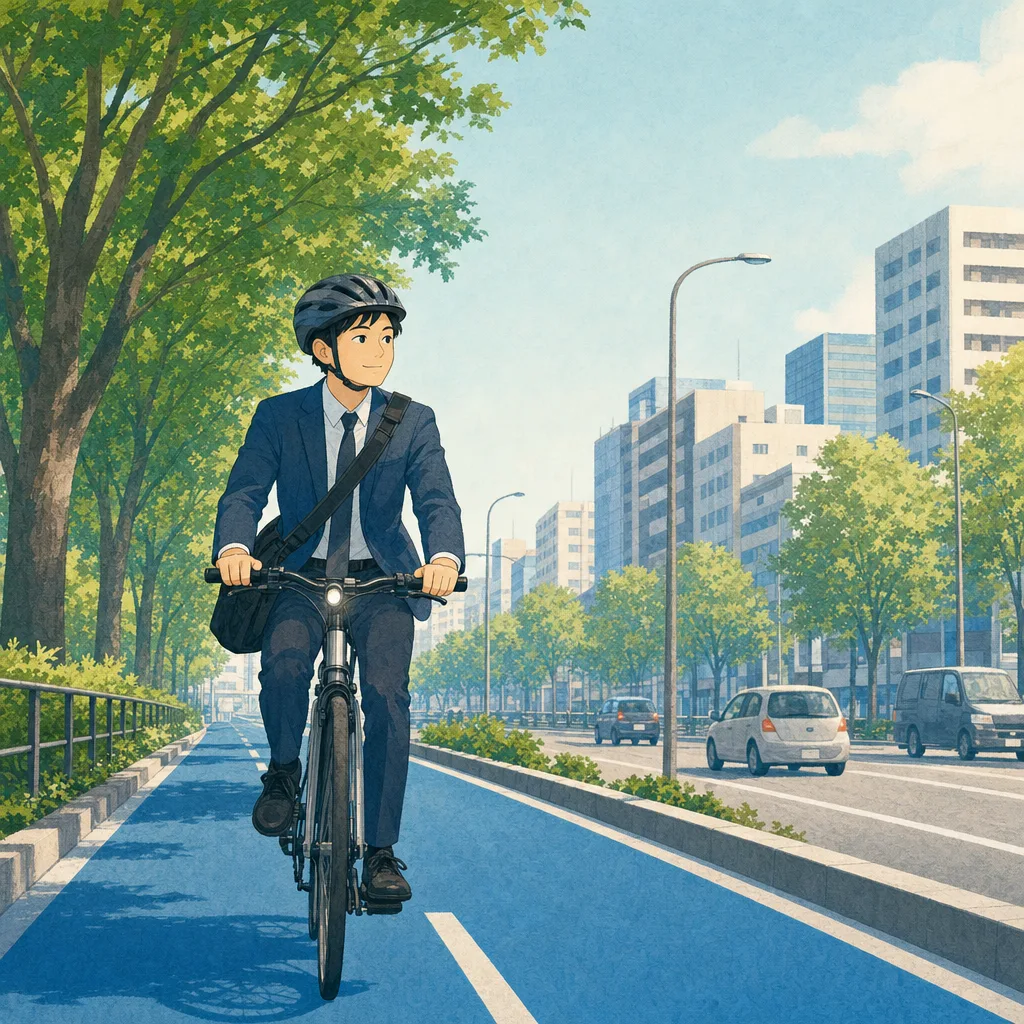 自転車で通勤する日本人会社員（編集記事向け）。自転車通勤、健康、環境、都市交通の記事向け移動素材です。