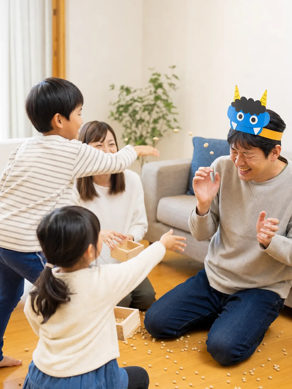 節分を楽しむ日本人家族（自然な縦位置写真）。節分、豆まき、家族、日本の年中行事の記事向け素材です。