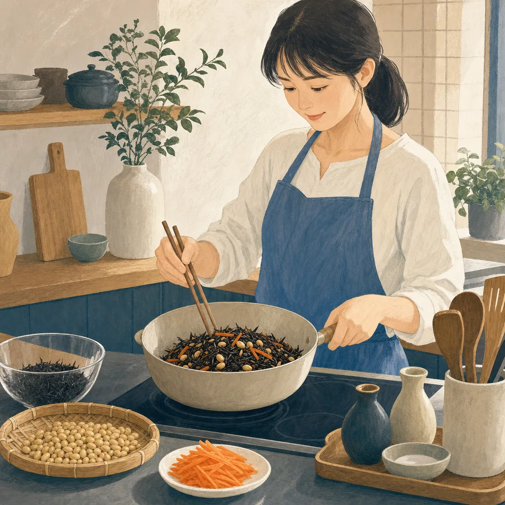 ひじきの煮物を作る日本人（編集記事向け）。ひじきの煮物、ひじき料理、家庭料理、和食の記事や案内に使える商用素材です。