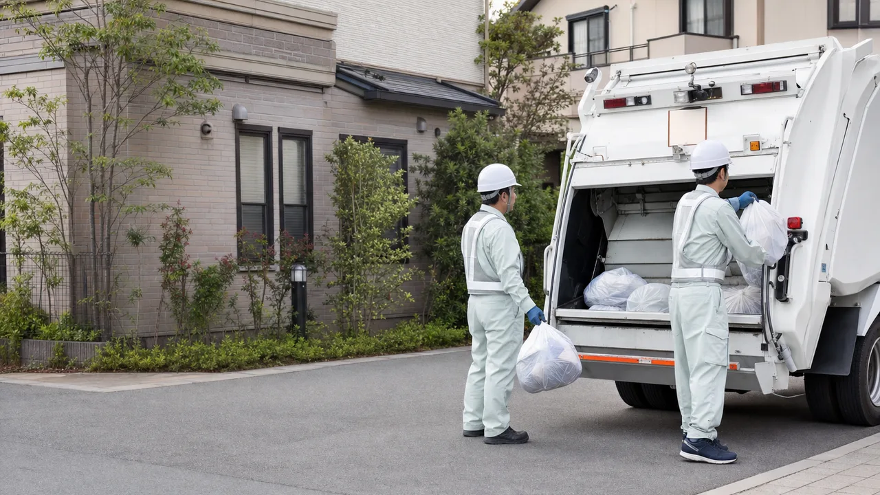 地域のごみを収集する日本人作業員（横長・コピースペース）。ごみ収集、環境衛生、自治体、地域インフラの記事向け素材です。