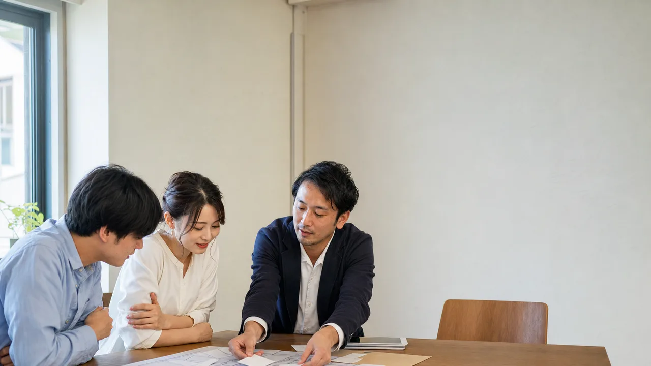 注文住宅の打合せをする日本人（横長・コピースペース）。注文住宅打合せ、家づくり、設計相談、住宅の記事向け素材です。