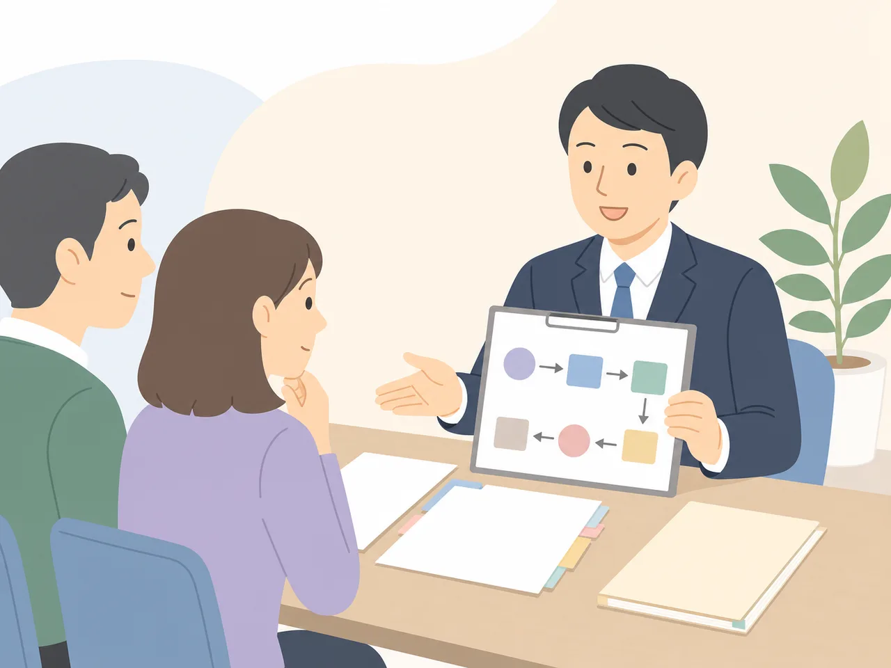 司法書士に相談する日本人（フラットイラスト）。司法書士、登記、相続手続き、法律相談の記事向け素材です。
