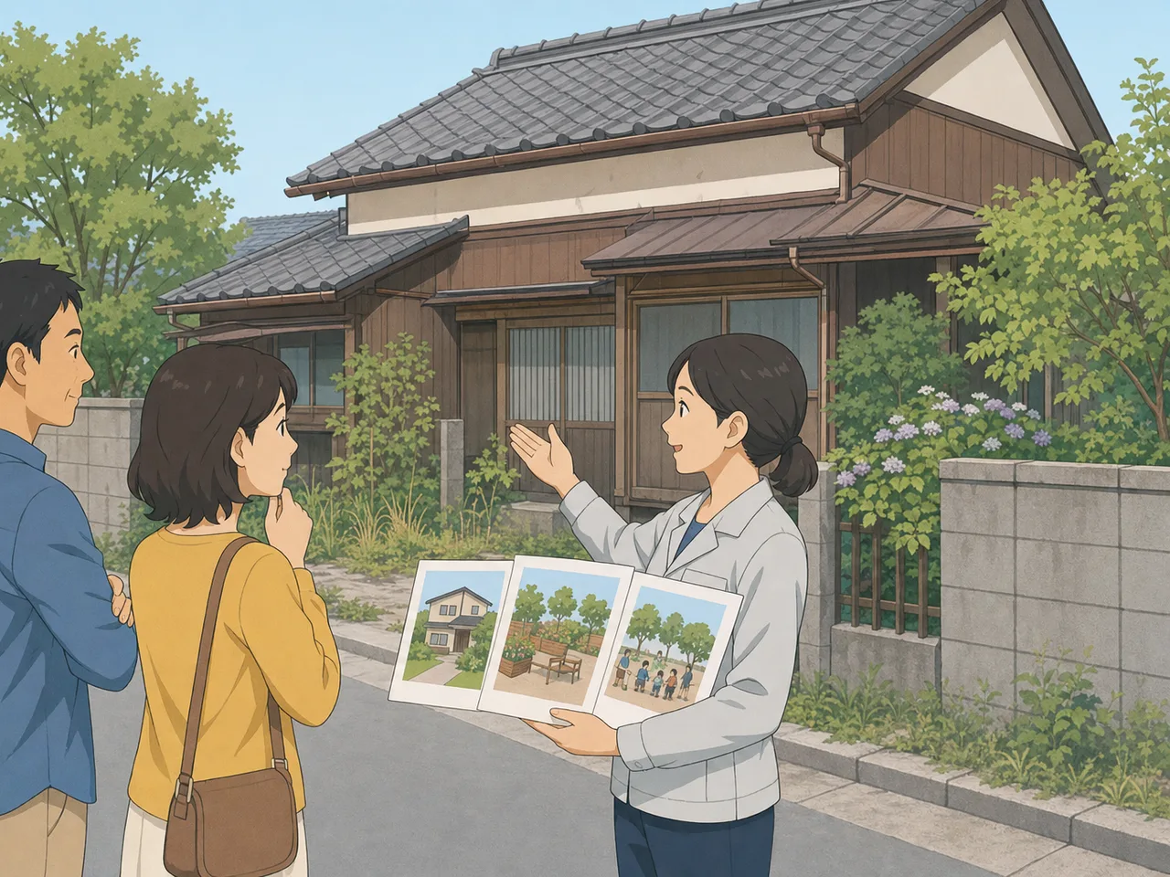 空き家の活用を相談する日本人（フラットイラスト）。空き家、住宅活用、地域課題、相続の記事向け素材です。
