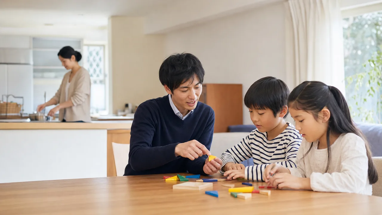 家庭教師と学ぶ日本人の生徒（横長・コピースペース）。家庭教師、個別指導、家庭学習、教育支援の記事に使える素材です。