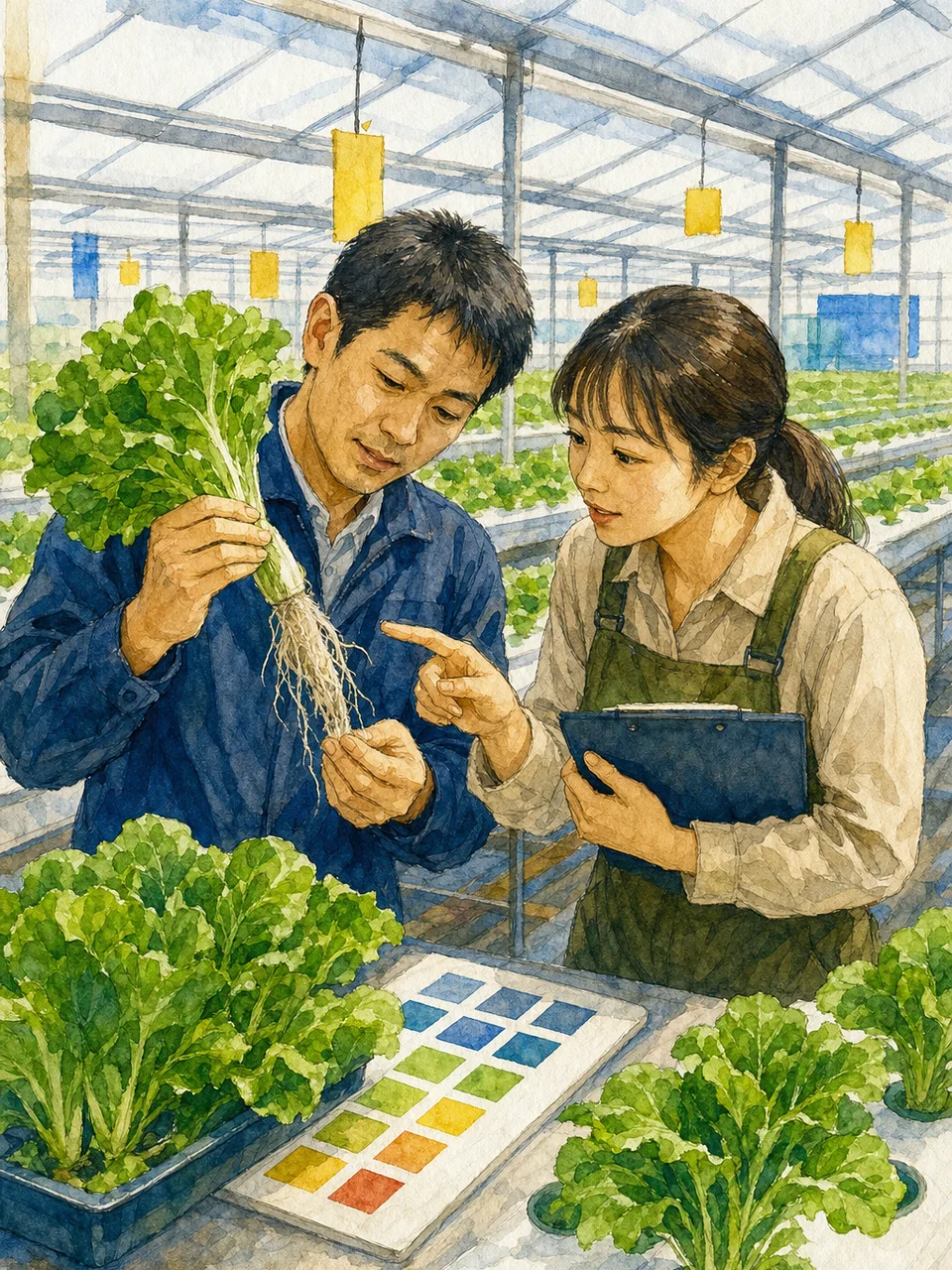 ハウスで水耕栽培をする日本人農家（手描き水彩）。水耕栽培、施設園芸、ビニールハウス、スマート農業の記事や案内に使える商用素材です。