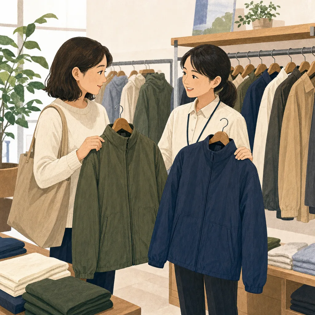 衣料品店で接客する日本人販売員（編集記事向け）。販売員、アパレル、小売、接客の記事に使える仕事素材です。
