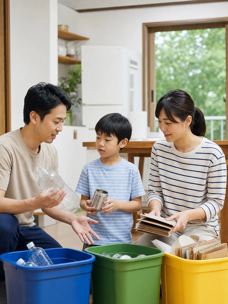 ごみ分別をする日本人家族（自然な縦位置写真）。ごみ分別、リサイクル、環境教育、家庭生活の記事向け素材です。