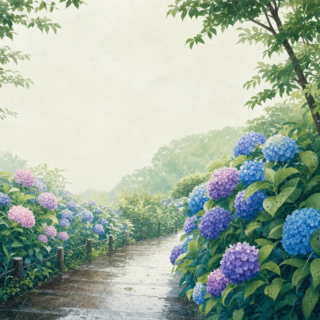 梅雨に咲く日本のあじさい園（正方形デザイン）。あじさい園、紫陽花、梅雨、花の風景向け素材です。