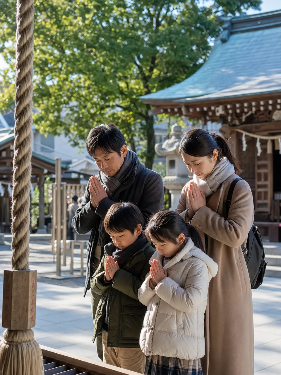 初詣に出かける日本人家族（自然な縦位置写真）。初詣、正月、家族、日本文化の記事に使える季節素材です。