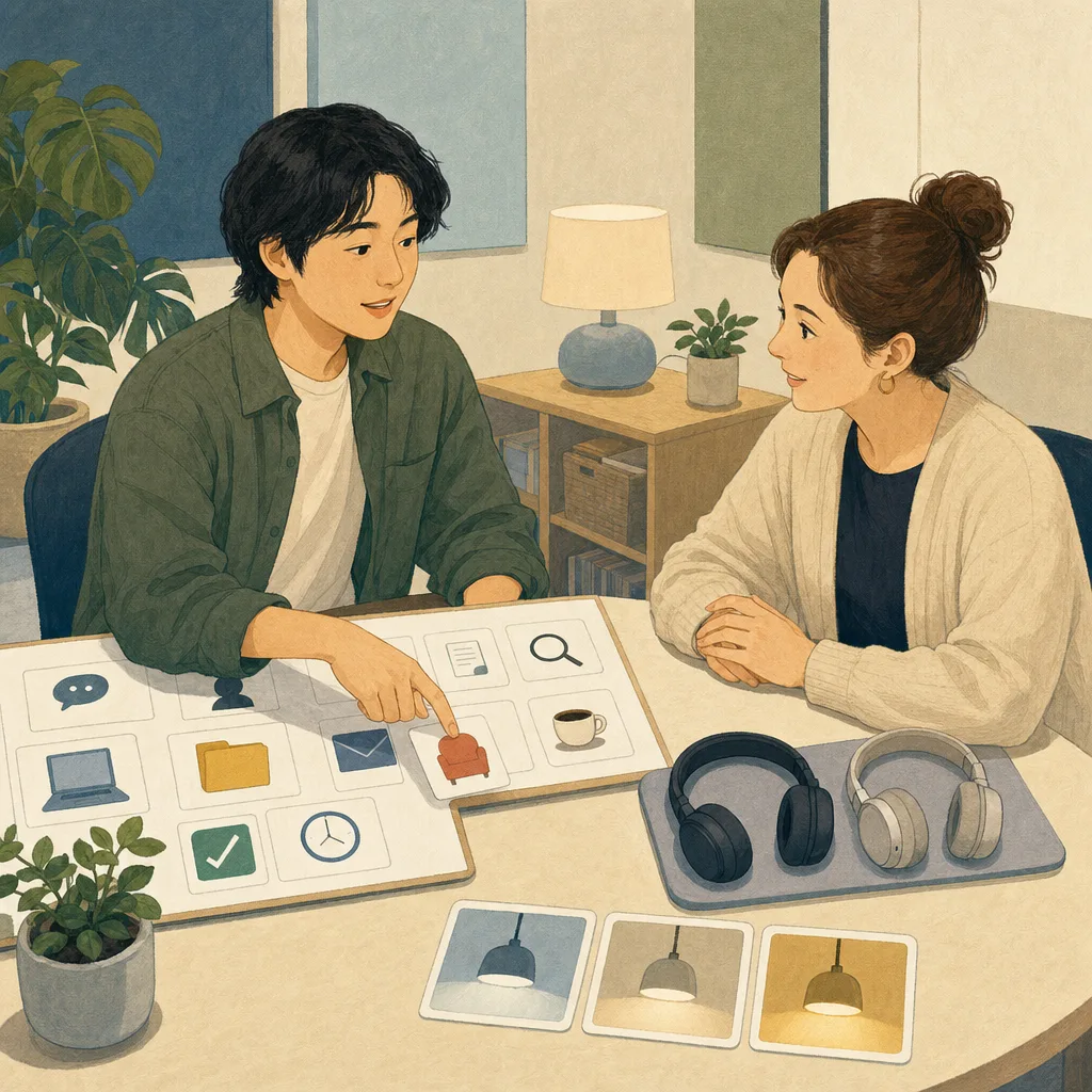 発達特性に合う環境を相談する日本人（編集記事向け）。発達障害、ニューロダイバーシティ、合理的配慮、相談の記事向け素材です。