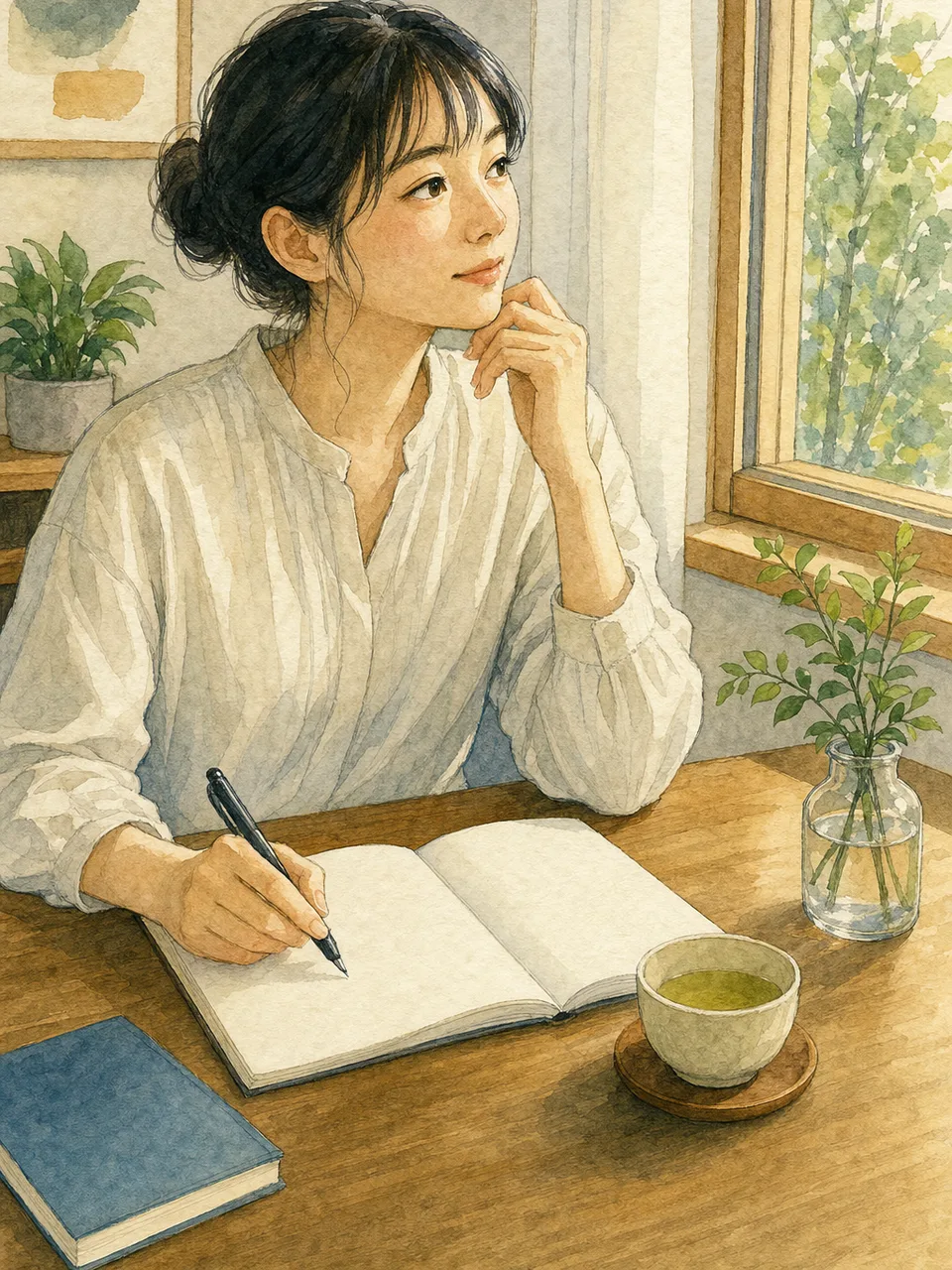 日記を書く日本人（手描き水彩）。日記、ジャーナリング、自分時間、振り返りの記事や案内に使える商用素材です。