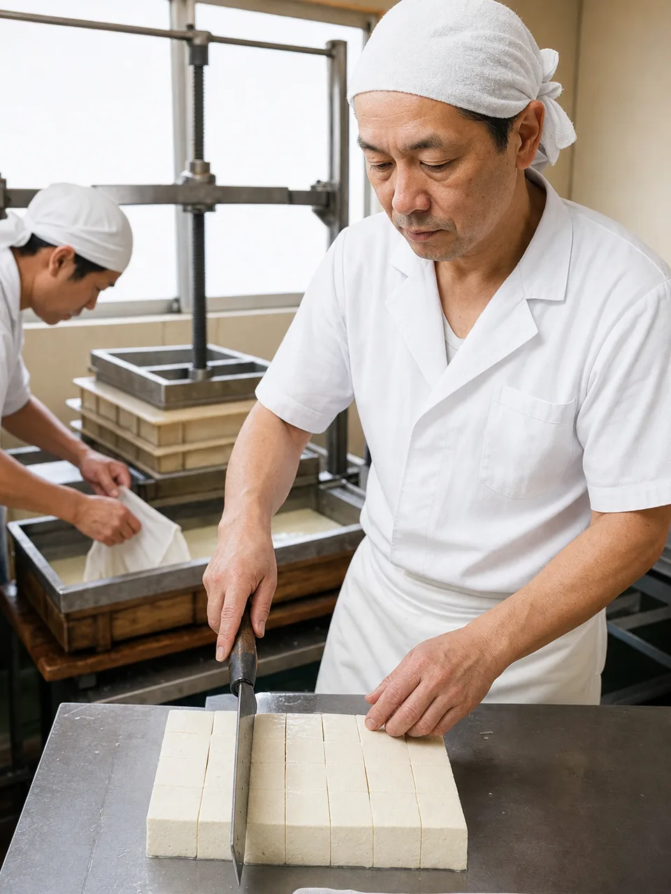 豆腐を作る日本人職人（自然な縦位置写真）。豆腐作り、豆腐職人、大豆、食品製造の記事や案内に使える商用素材です。