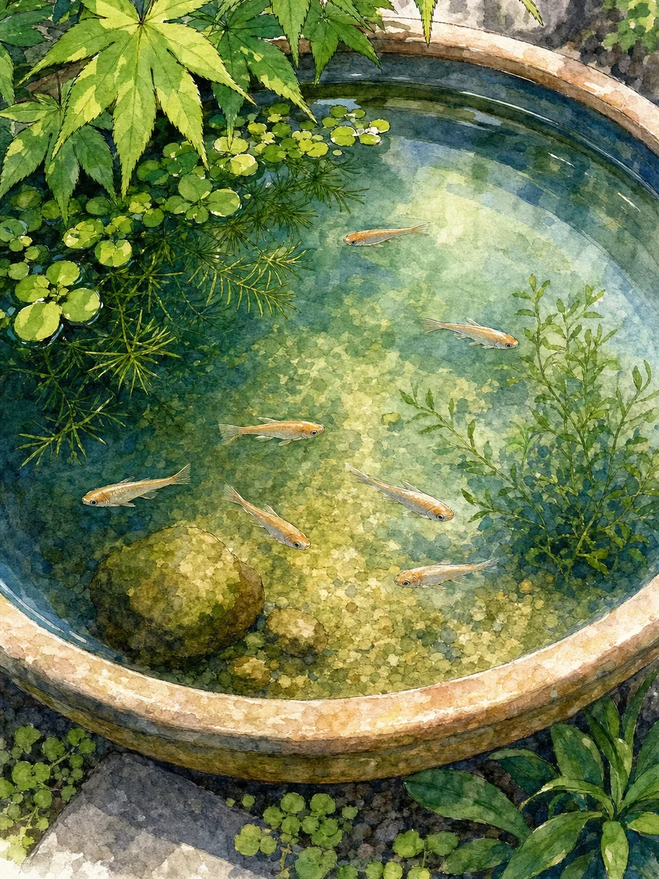 屋外の水辺で泳ぐメダカ（手描き水彩）。メダカ、ビオトープ、観賞魚、水辺の記事向け素材です。