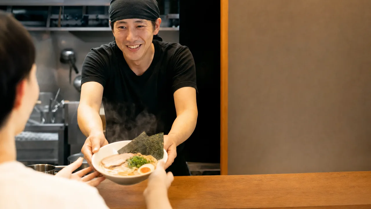ラーメンを提供する日本人店主（横長・コピースペース）。飲食店、外食、地域グルメ、求人記事に使えるラーメン店の素材です。