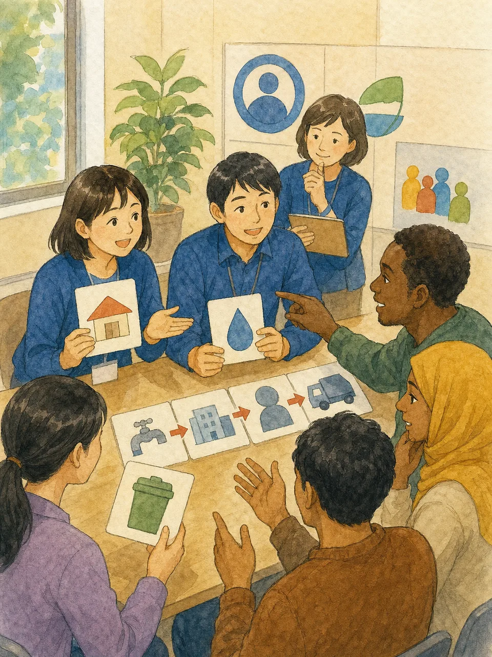 やさしい日本語を学ぶ地域の日本人（手描き水彩）。やさしい日本語、多文化コミュニケーション、自治体研修、外国人住民の記事や案内に使える商用素材です。