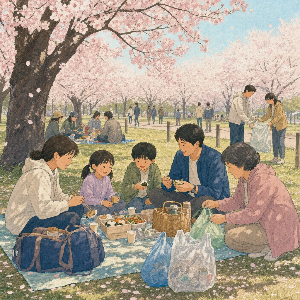 公園でお花見を楽しむ日本人（編集記事向け）。お花見、桜、春、公園、季節行事の記事向け素材です。