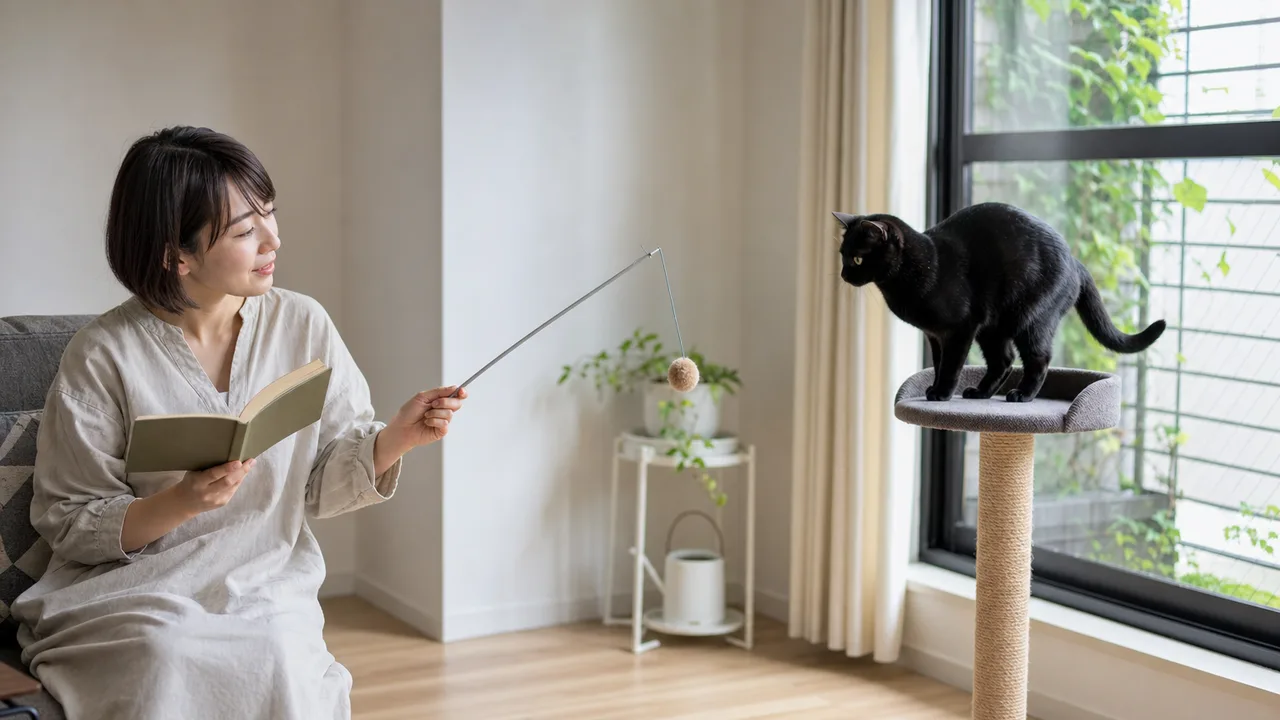 黒猫と暮らす日本人（横長・コピースペース）。黒猫、猫、ペットとの暮らし、日常の記事向け素材です。